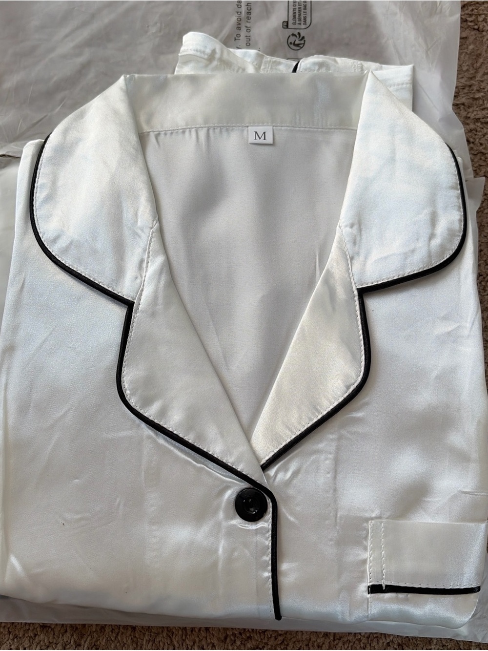 White Satin Pajama Top with Black Piping